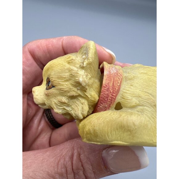 Rare VTG Yellow Cat Figurine Bobble Head With Bow Accent 4.5" Long Hand Painted - Picture 10 of 15